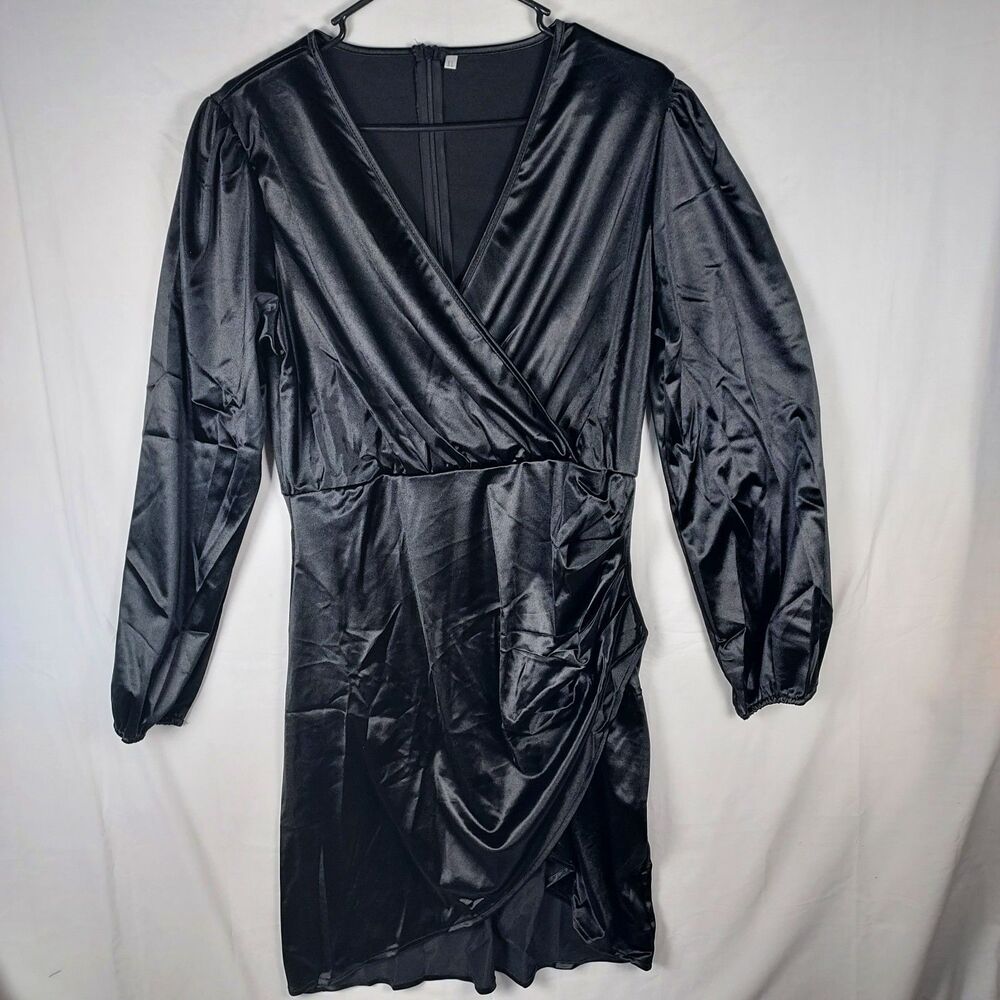 Yajedo Satin V-Neck Dress Size XL Black Party/Cocktail Long Sleeve New